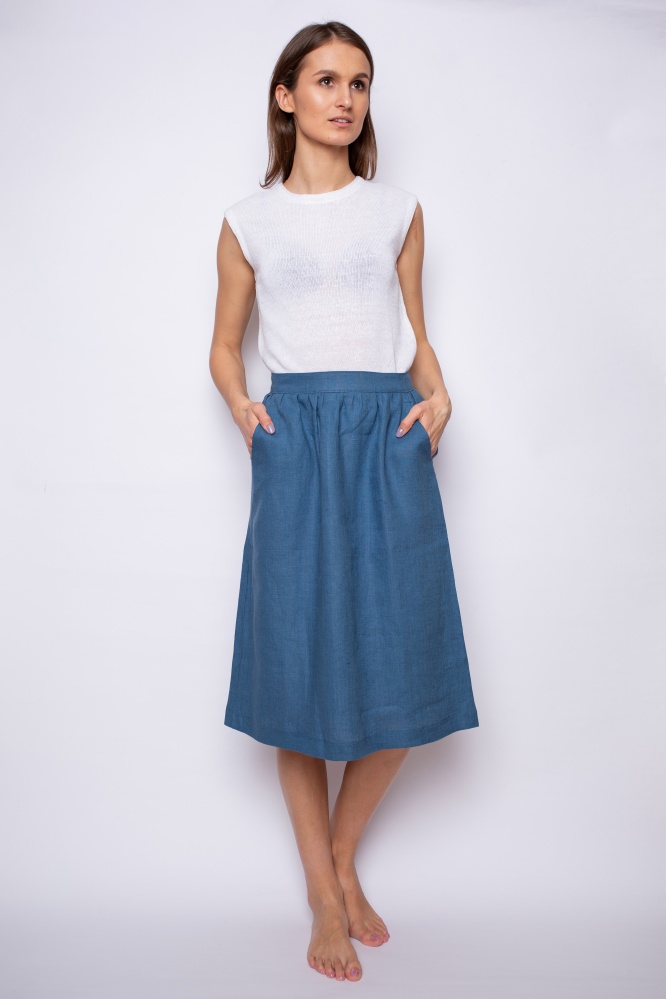 Blue linen midi skirt with side pockets